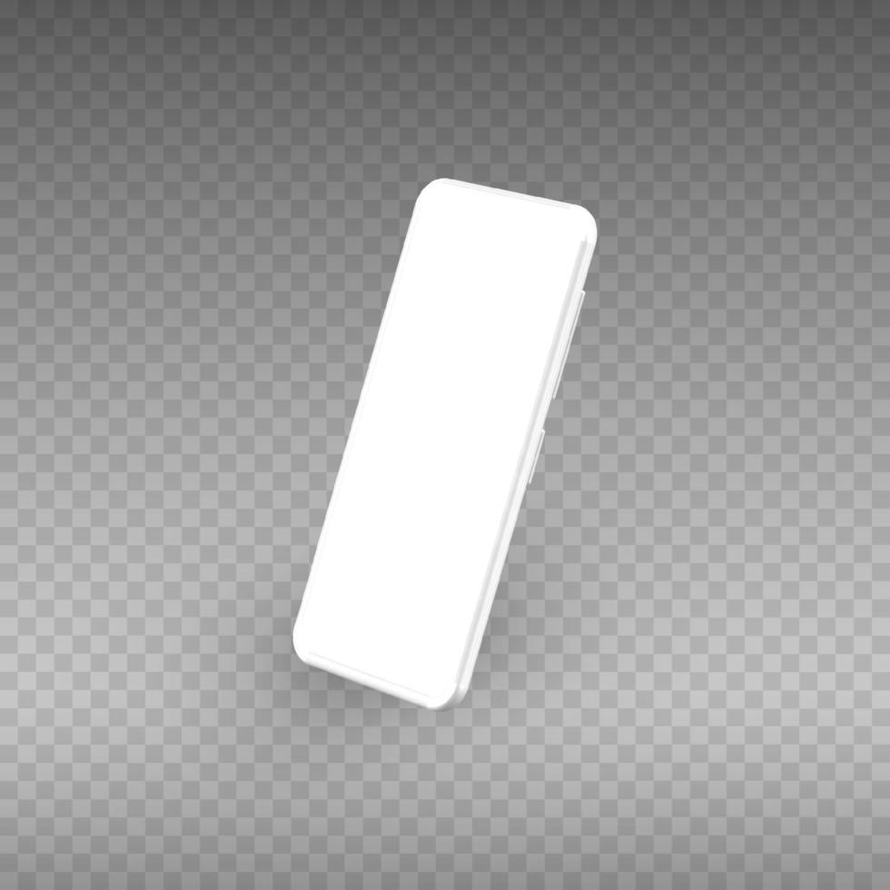 White smartphone mockup. Realistic 3d cellphone with blank screen. Vector modern phone template isolated on white background. Illustration of cellphone smartphone, device 3d screen