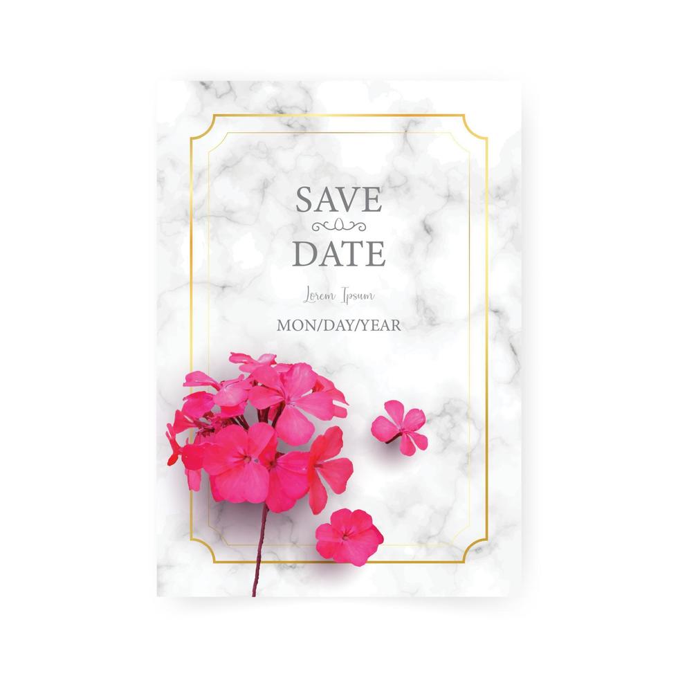 tarjeta floral de invitación glamorosa de boda con marco geométrico dorado y fondo de mármol. invitación de saludo botánico de vegetación de moda. plantilla con lugar de texto vector