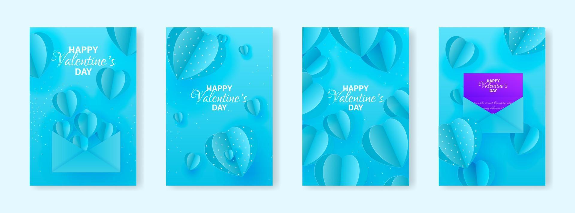 Valentine's day concept posters set. Vector illustration. 3d blue paper hearts with frame on background. Cute love sale banners or greeting cards.