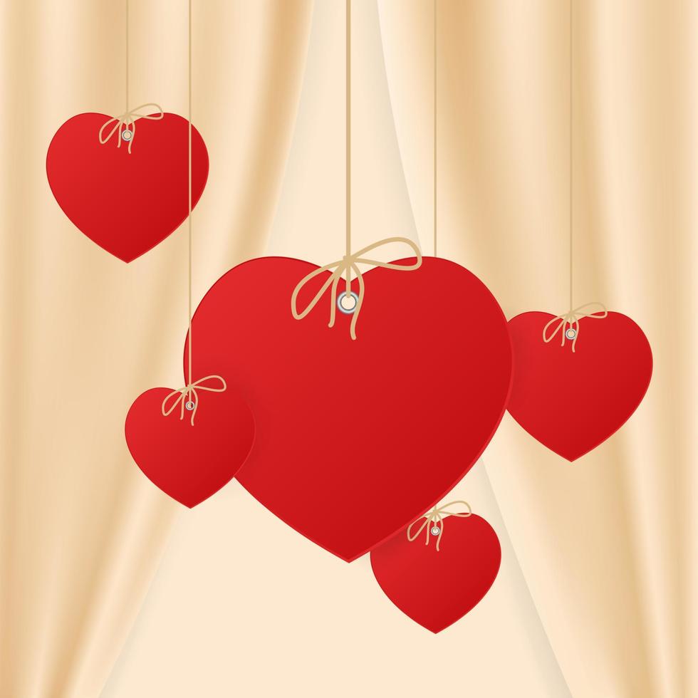 Stage with pink curtain, red heart paper style. Vector Illustration of the designer.