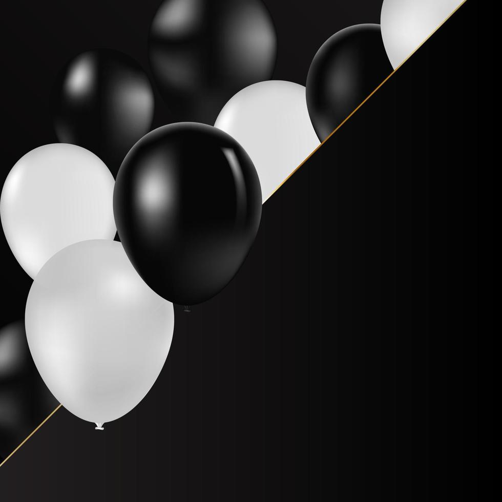 globos realistas vectoriales colores blanco y negro. plantilla de invitación de fiesta, concepto. fondo de vector de marco negro de línea dorada