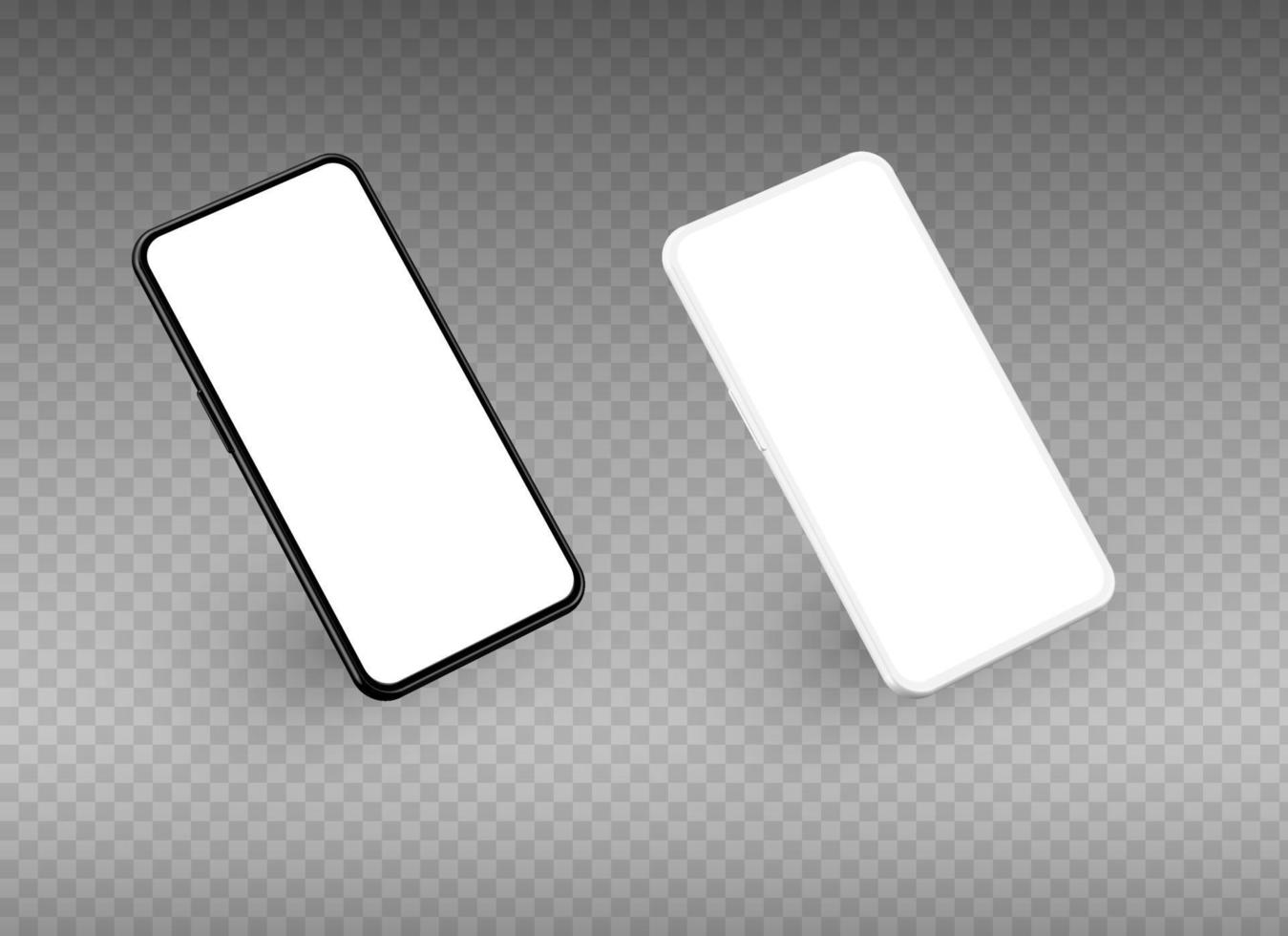 A black and a white realistic vector smartphones isolated on a grey background.