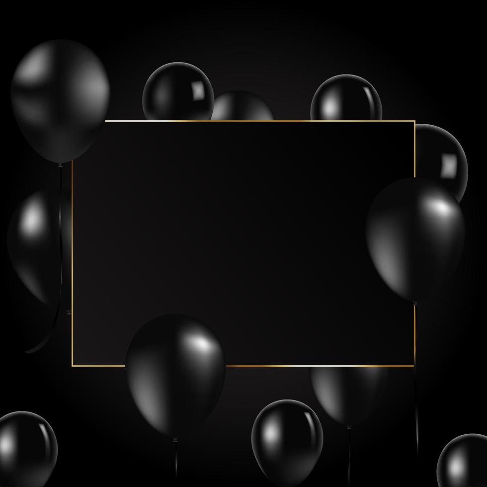 Flying balloons, black frame with luxury golden line on black background. Black Friday promotion, grand opening. Banner and background, brochure and flyer design concept. Vector. vector