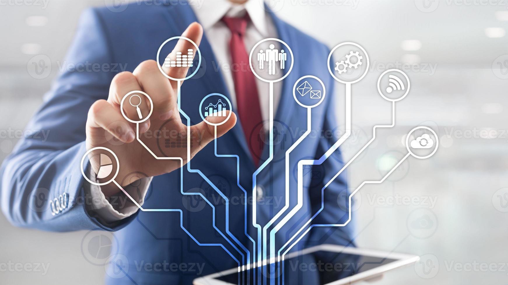 Business applications icons on blurred background. Financial and trading. Internet technology concept. photo