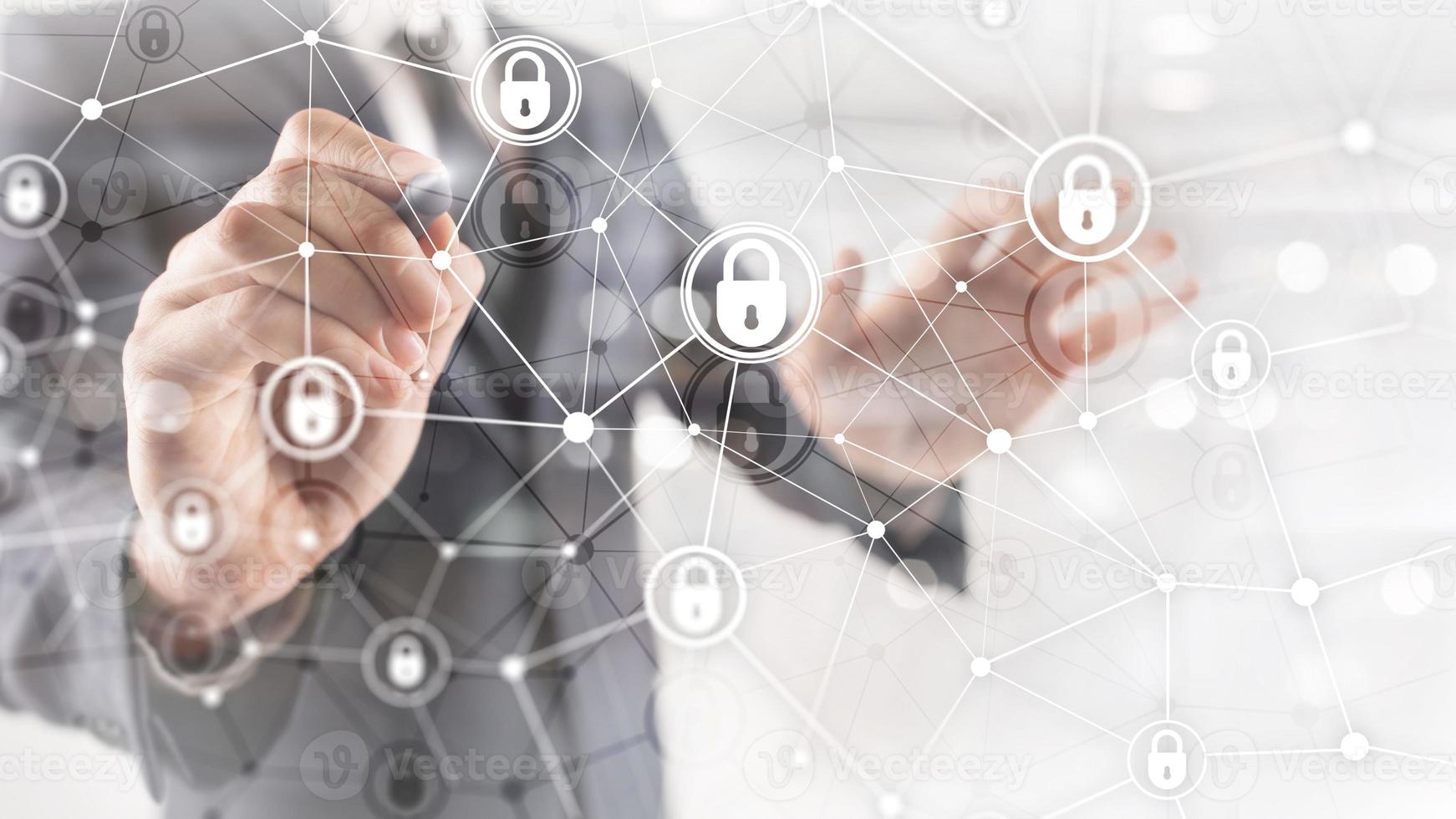 Cyber security, information privacy, data protection concept on modern server room background. Internet and digital technology concept photo