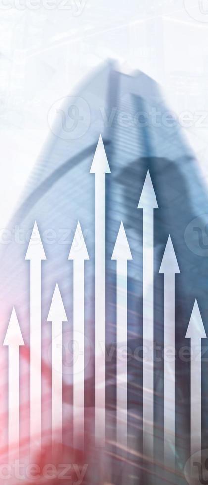 Vertical Panorama Banner. Up arrow graph on skyscraper background. Invesment and financial growth concept. photo