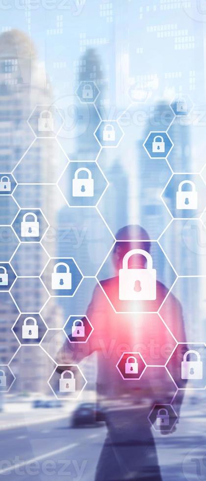 Vertical Panorama Banner. Cybersecurity, Information privacy, data protection, virus and spyware defense photo