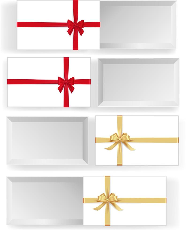 Various white boxes with red and golden ribbon bows mockup. Xmas and New Year container with silk tape decoration. Many realistic gift boxes isolated on white background vector illustration.