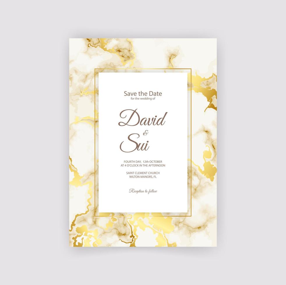 Modern vector template wedding invitation cards with marble texture background and golden geometric lines in the A4 size