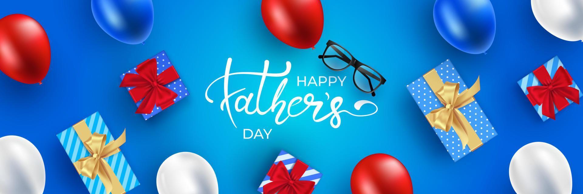Happy Father's Day Greeting Card Design with Gift Box and Falling Confetti on Shiny Blue Background. vector