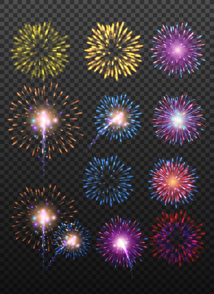 Festive realistic firework bursting in various shapes sparkling pictograms set against black background abstract vector isolated illustration.