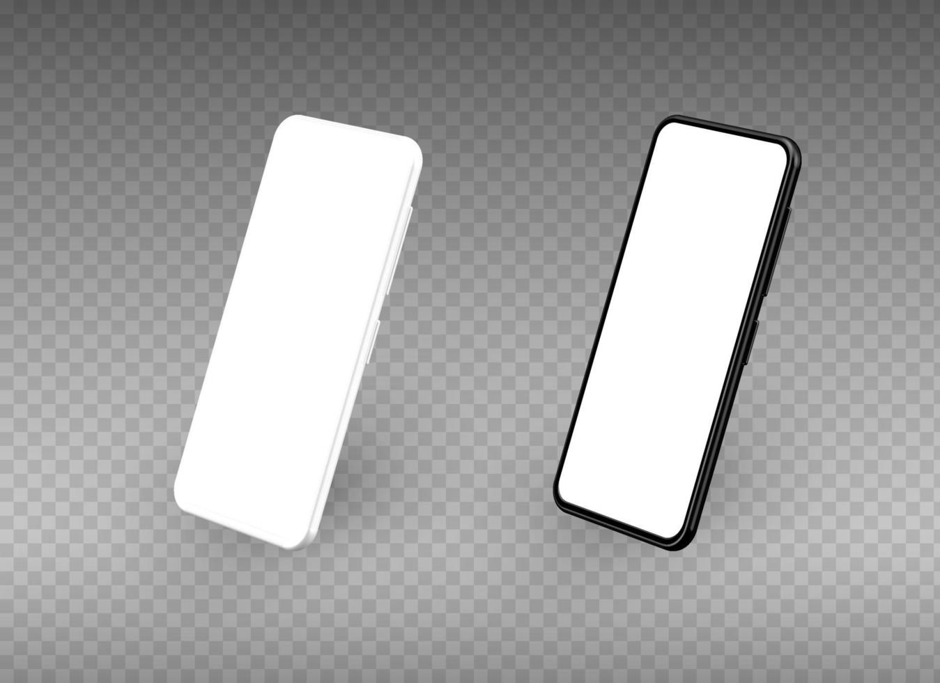 A black and a white realistic vector smartphones isolated on a grey background.