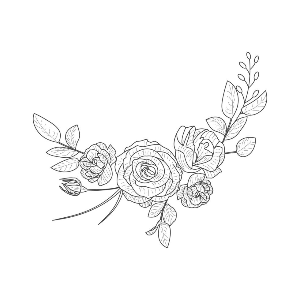 flores aisladas detalladas dibujadas a mano rosa y hojas en estilo vintage. se puede utilizar para grabado, papel de aluminio. vector