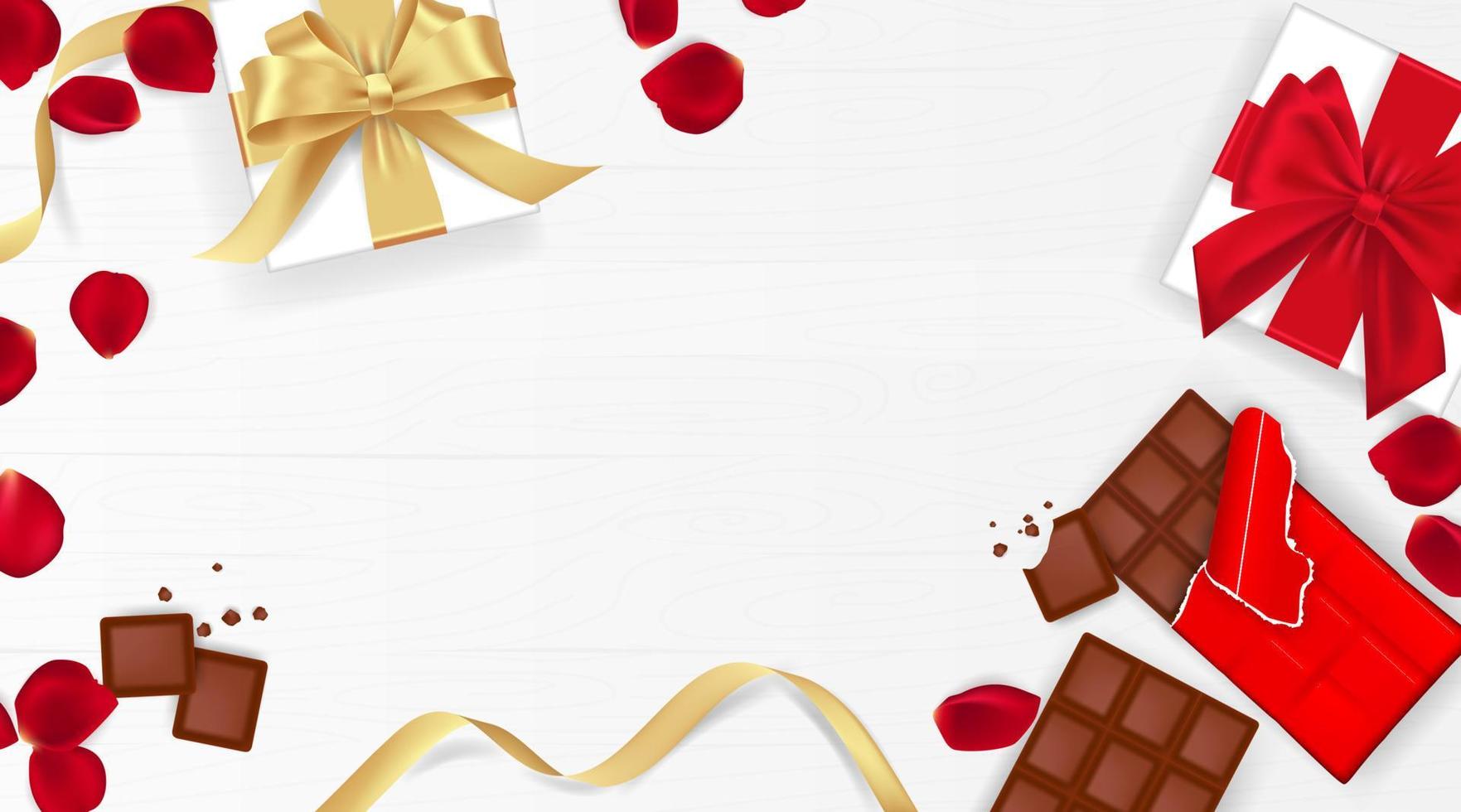 fondo de feliz día de san valentín con pétalos de rosa, chocolate y fondo de vector de caja de regalo. día de la mujer, 8 de marzo y festivos útiles.