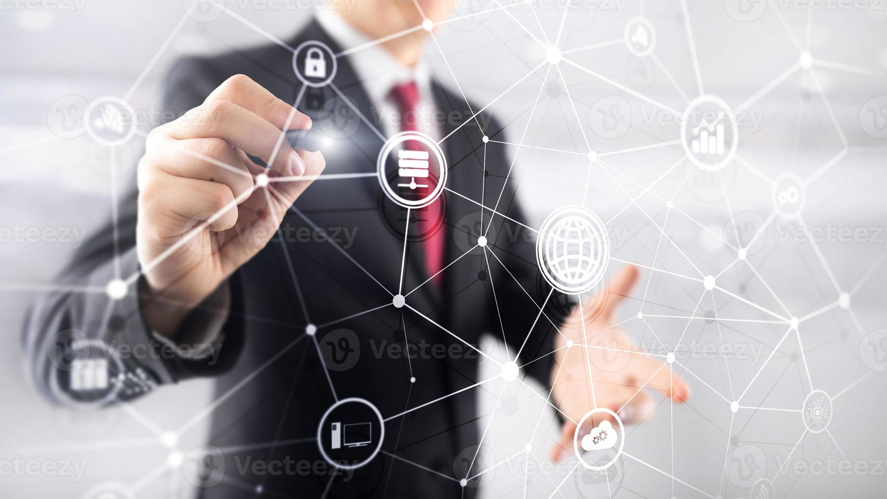 ICT - information and telecommunication technology and IOT - internet of things concepts. Diagrams with icons on server room backgrounds photo