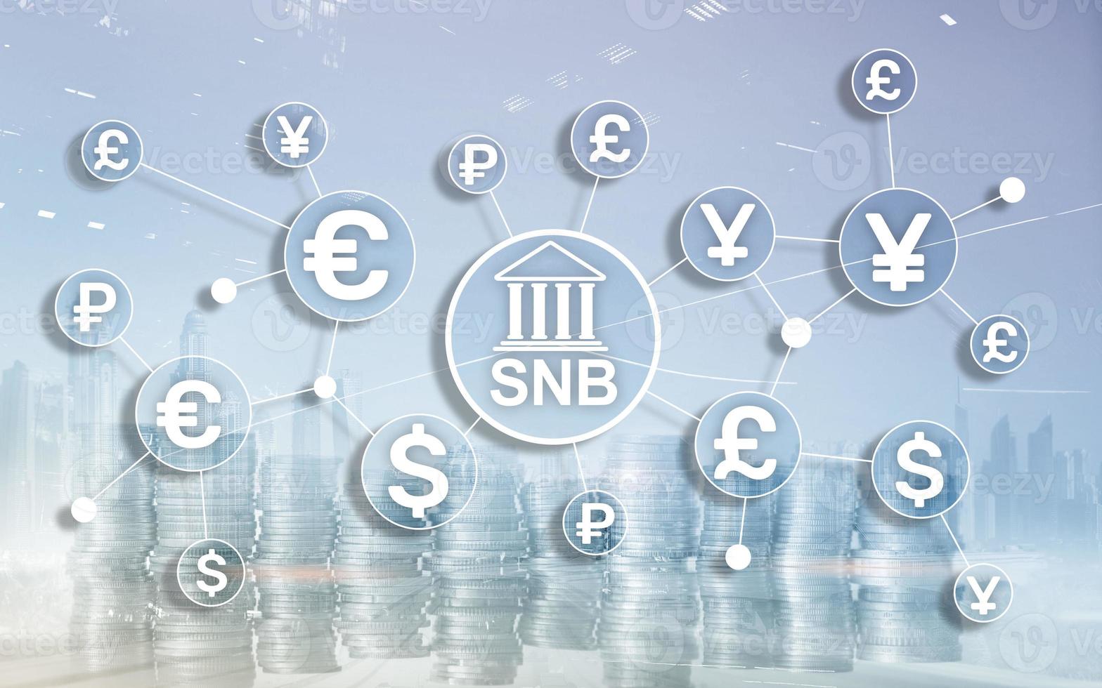 Different currencies on a virtual screen. SNB. Swiss National Bank. photo