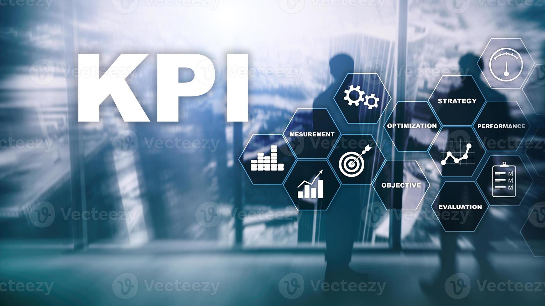 kpi: indicador clave de rendimiento. concepto de negocio y tecnología. exposición múltiple, técnica mixta. concepto financiero sobre fondo borroso. foto