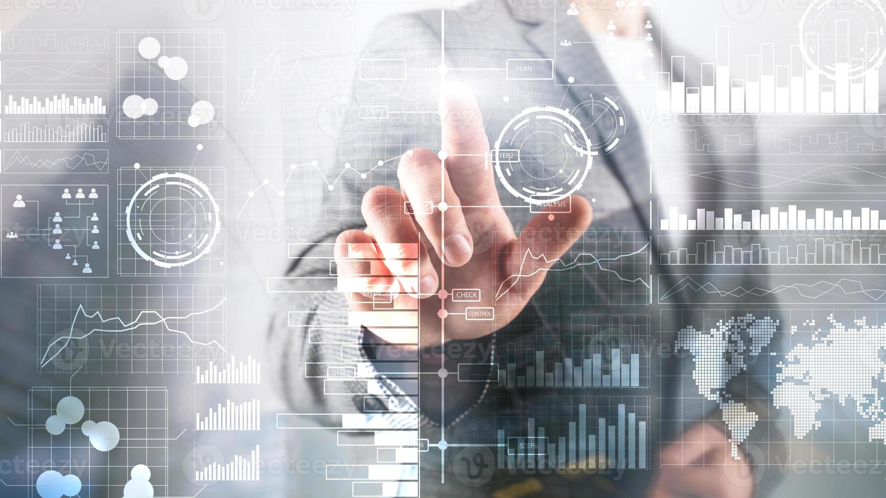 Business intelligence. Diagram, Graph, Stock Trading, Investment dashboard, transparent blurred background. photo