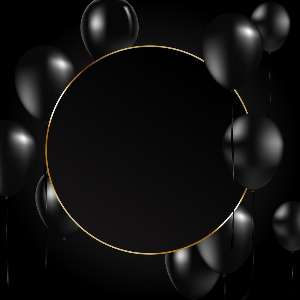 Beautiful black balloons vector randomly flying over gold frame. Party elegant vector background with space for text. Vector golden frame, confetti, balloons. Black Friday, celebration