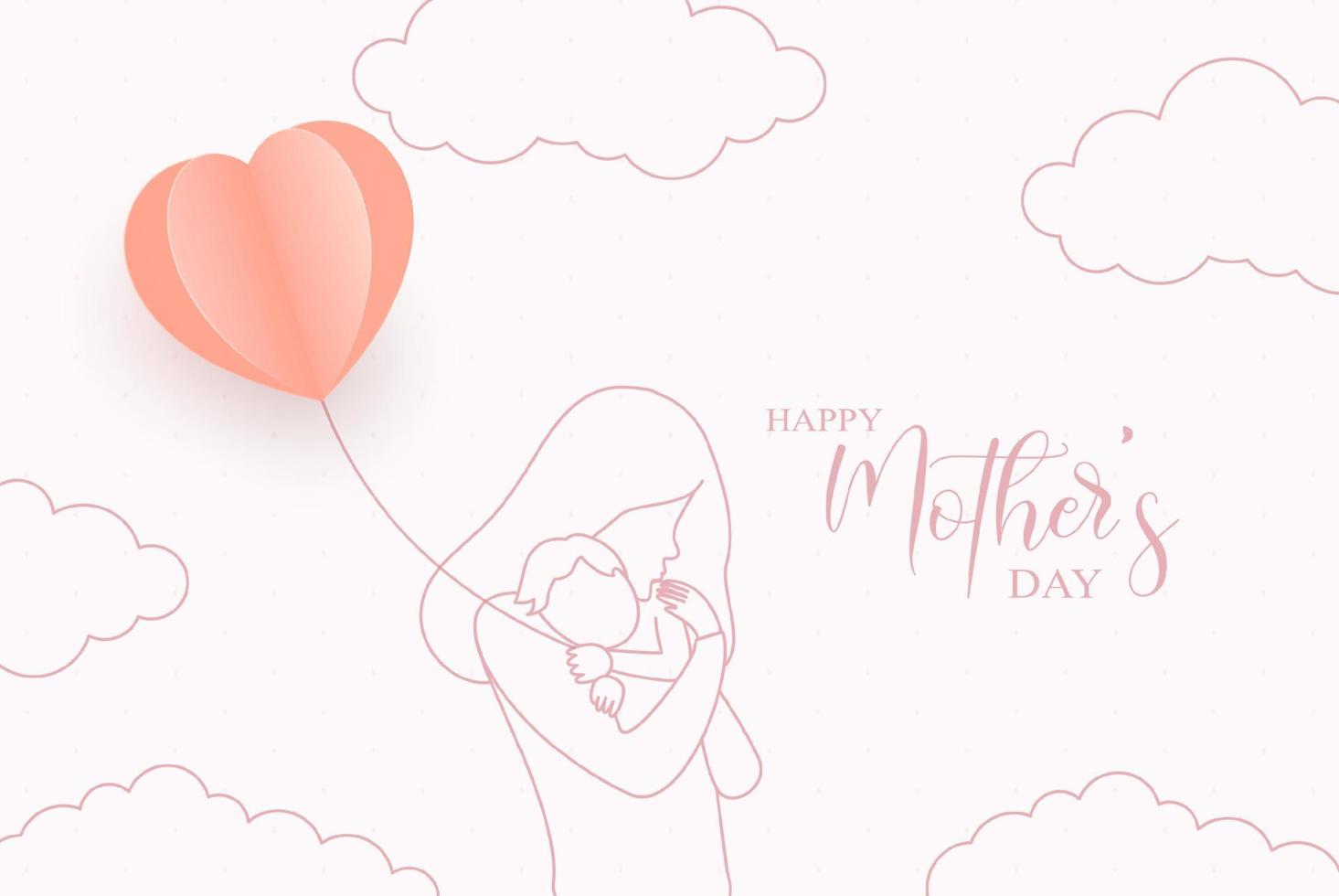 Happy Mother day card. Continuous one line drawing. Woman hold her baby with air balloons shaped as heart. Vector illustration.