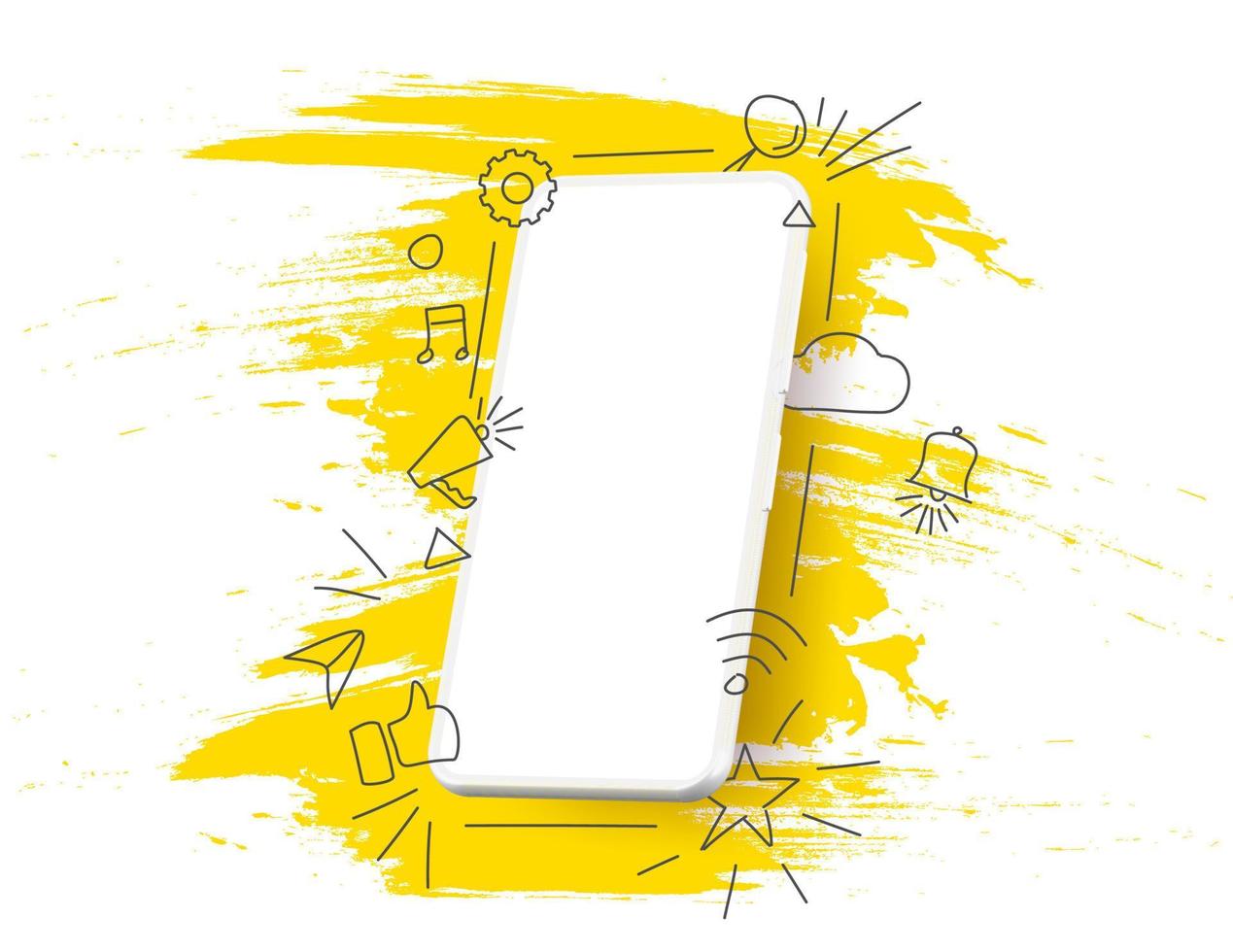 White smartphone with cloud of application outline icons. Vector template design cover book, flyer, poster.