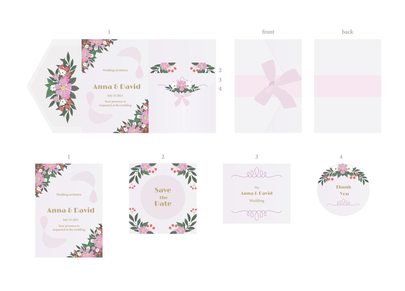 Beautiful vintage wedding set with cute flowers and love. Wedding invitation, thank you card, save the date cards. RSVP card. Vector illustration