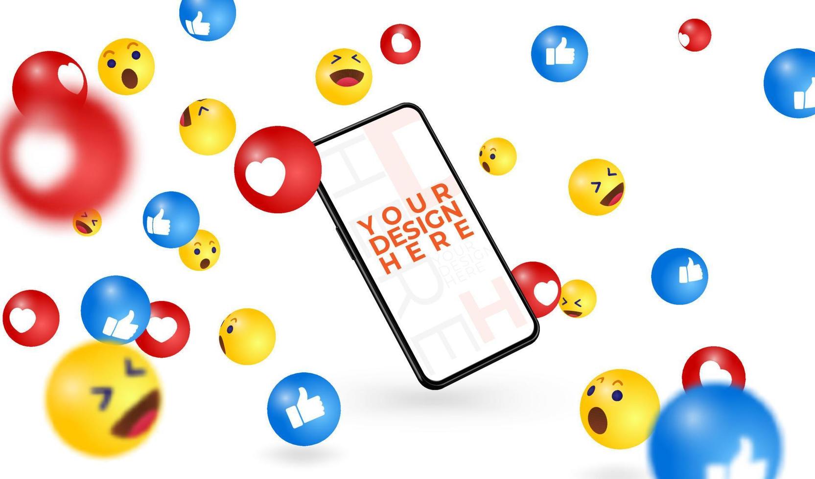 modern smartphone write your design here, free frame and falling social media emoji vector illustration.