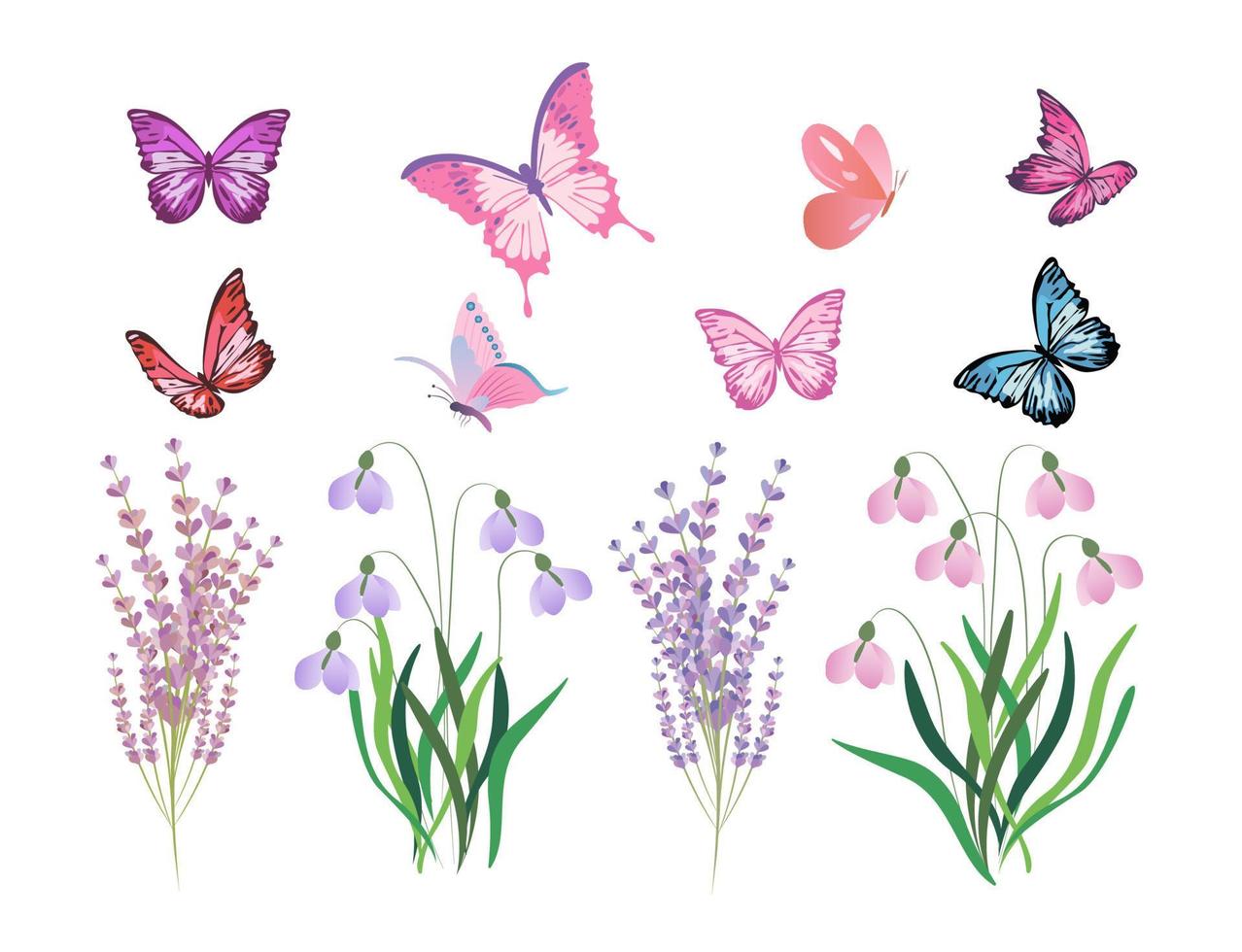 colección de elementos florales con mariposas voladoras, rosa mosqueta, hojas y nomeolvides, ilustración vectorial. vector