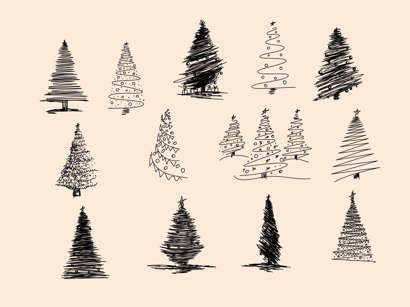 Set of Christmas tree hand drawn. Vector illustration. Hand drawn doodle sketch with ink. Vector illustration set.