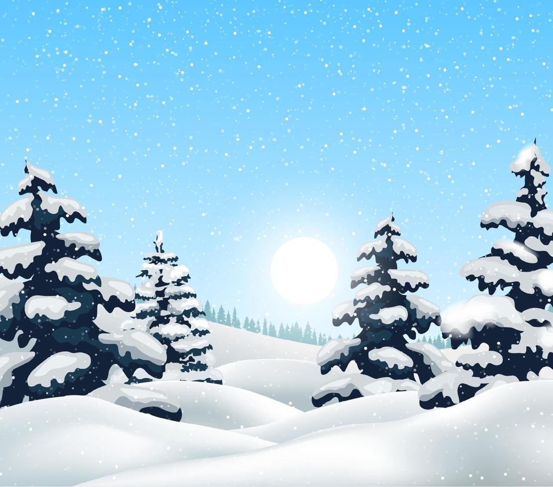 Winter landscape with snowy forest and birds, vector illustration.