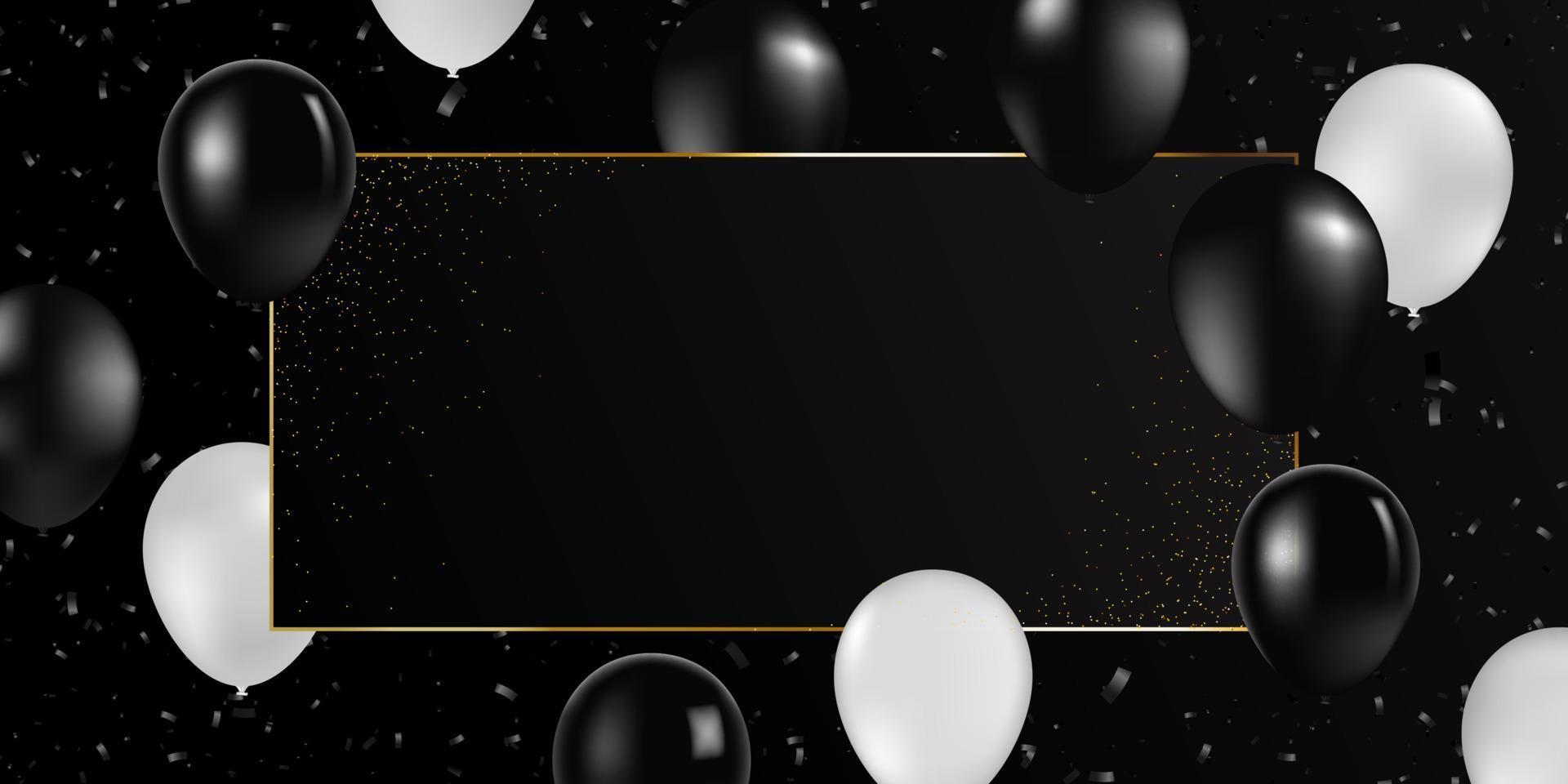 Vector realistic balloons black and white colors. Party invitation template, concept. Gold line black frame vector background