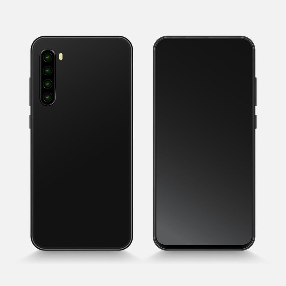 Smartphones. Smartphnes isolated. Smartphone black isolated on white background. Smart phone front and back view. Mobile phone mockup design. Vector illustration.