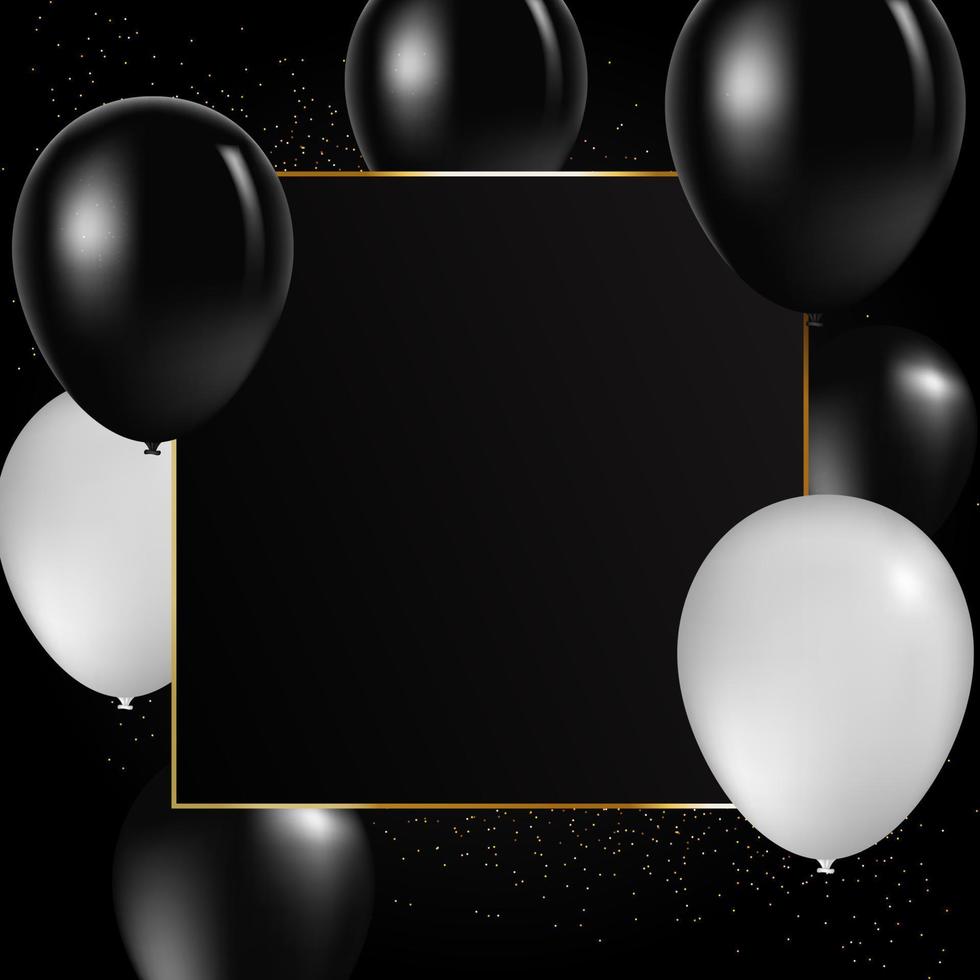 Vector realistic balloons black and white colors. Party invitation template, concept. Gold line black frame vector background