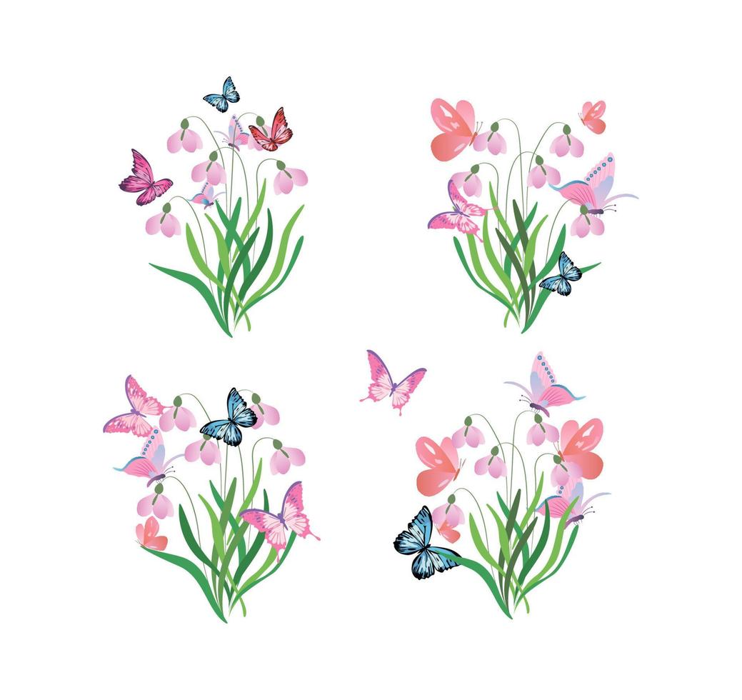 Collection of floral elements with flying butterflies, rose-hip, leaves and forget-me-not, vector illustration.