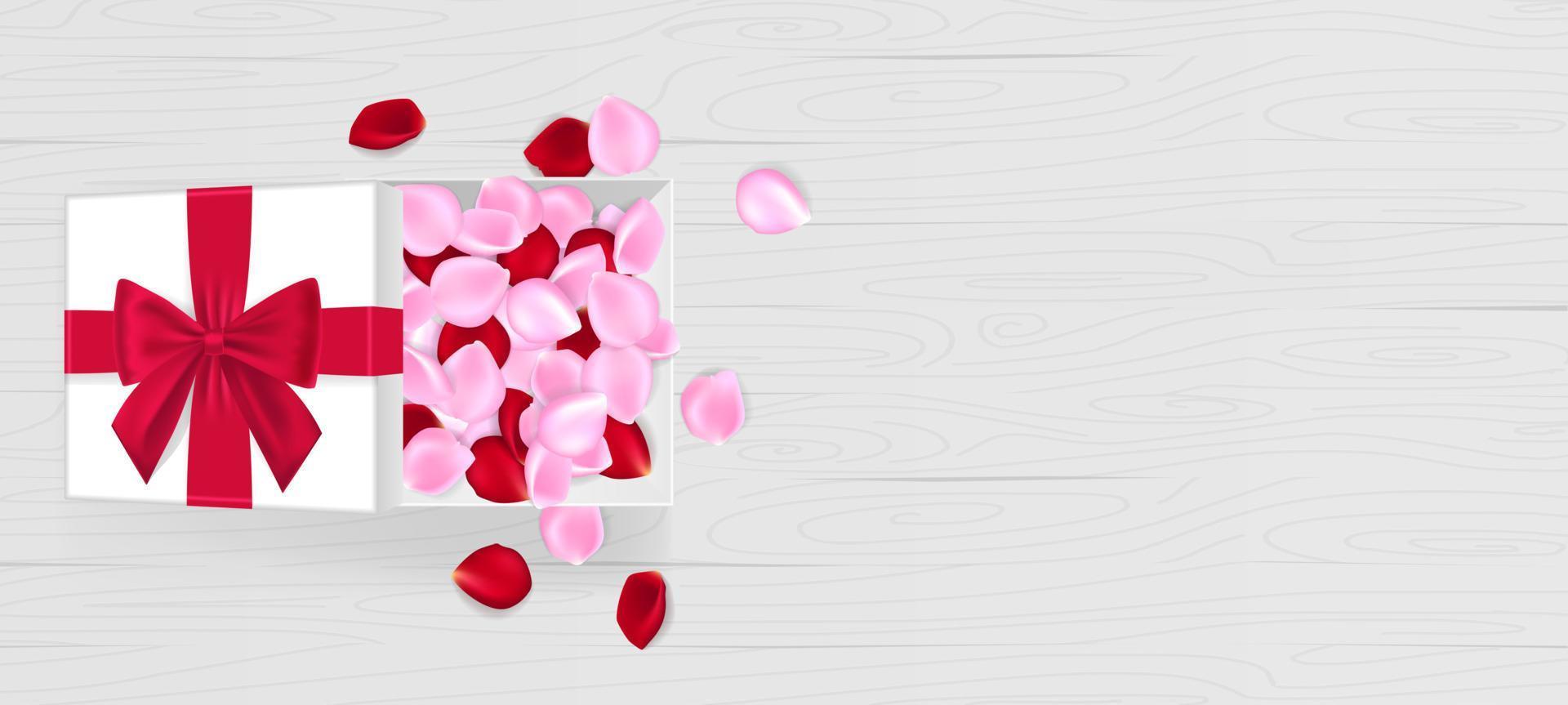 Valentine's Day sale background. Top view on composition with gift box and rose petals, vector illustration.