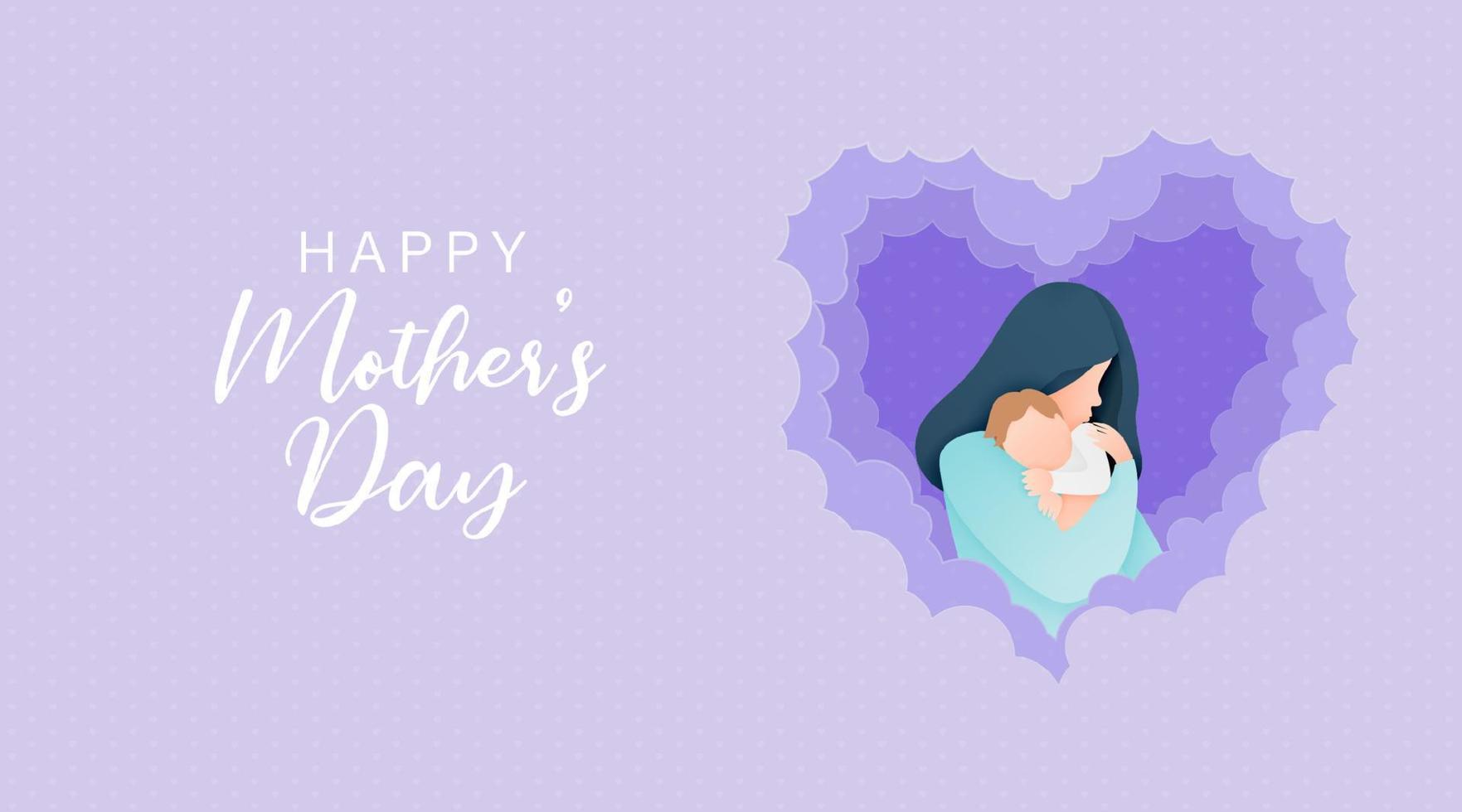 Beautiful woman with her baby. Happy mothers day card. Paper cut style. Vector illustration