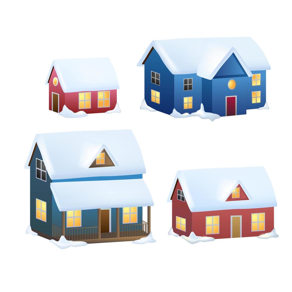 Winter houses collection. Cartoon snow home and rural cottages set. Including alpian chalet, mountain lodge, half-timbered house and other snowy buildings in flat design. vector