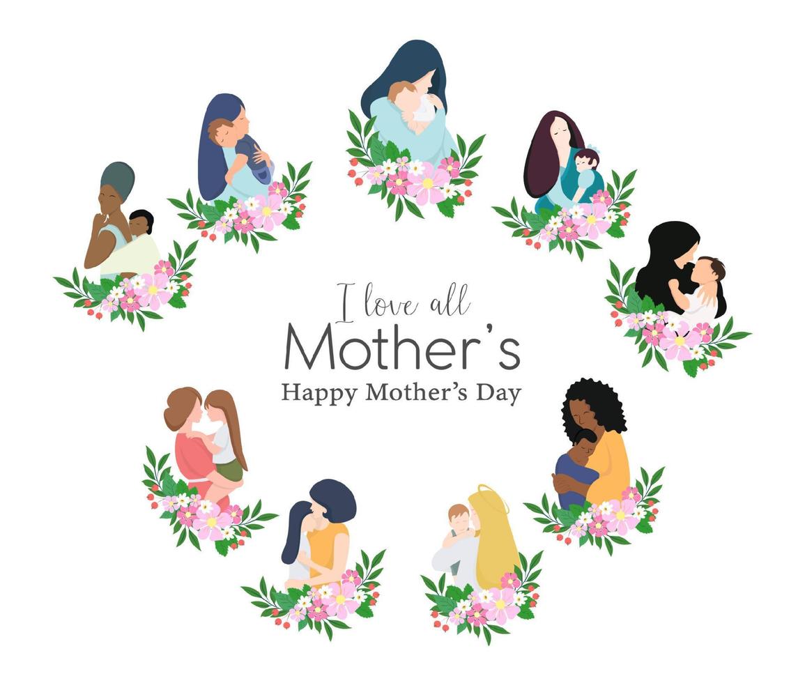 ilustración vectorial con una colección diferente para el concepto de celebración de la madre feliz. madres felices africanas, rusas, asiáticas, árabes con niños y flores ilustraciones vectoriales. vector