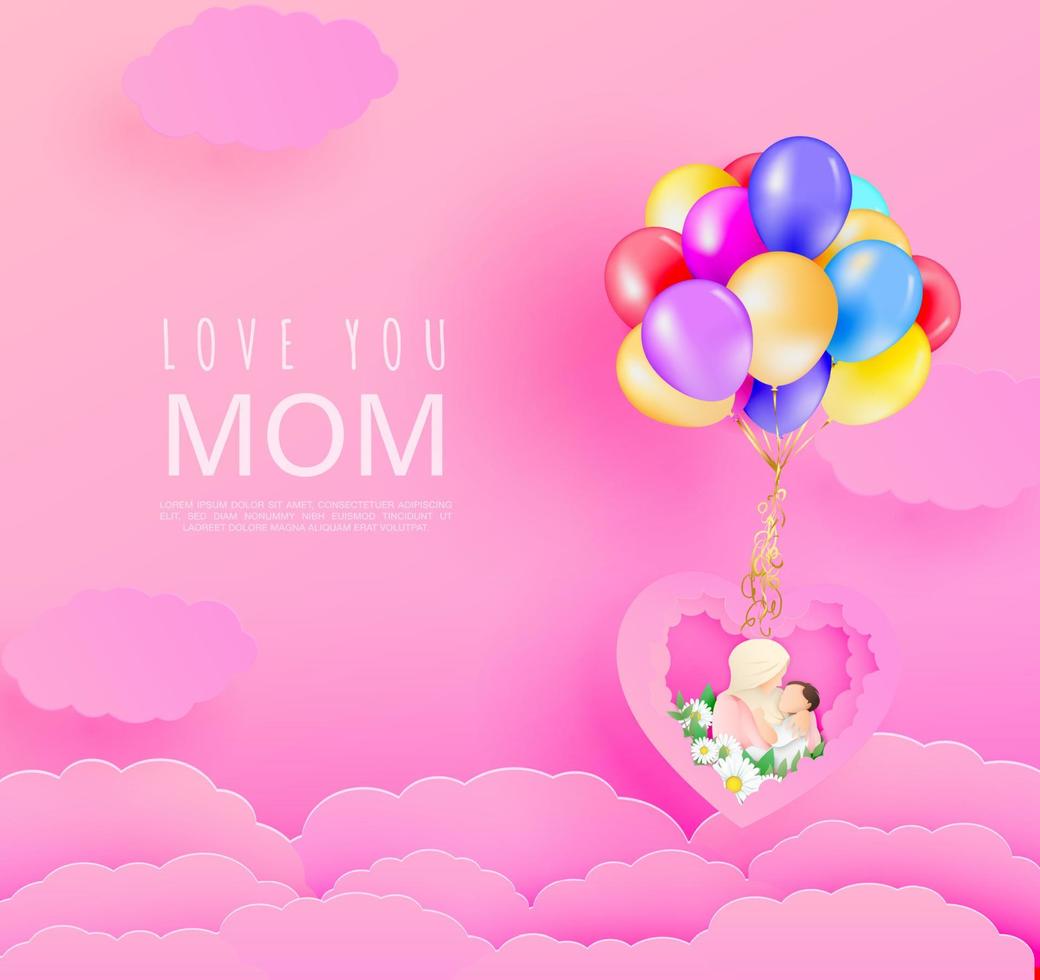 Happy mothers day. Paper style mothers day with flowers. Muslim mother hugging her son flying with balloons. Muslim mothers with son paper style vector