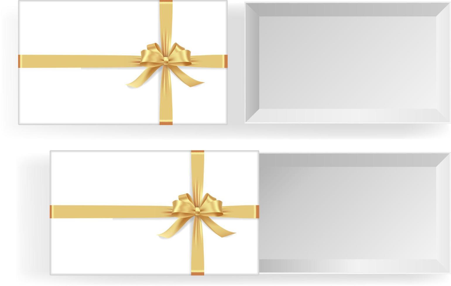 Empty open gift box with golden color bow knot, ribbon isolated on white background. Happy birthday, Christmas, New Year, Wedding or Valentine Day package concept. 3d vector illustration, top view