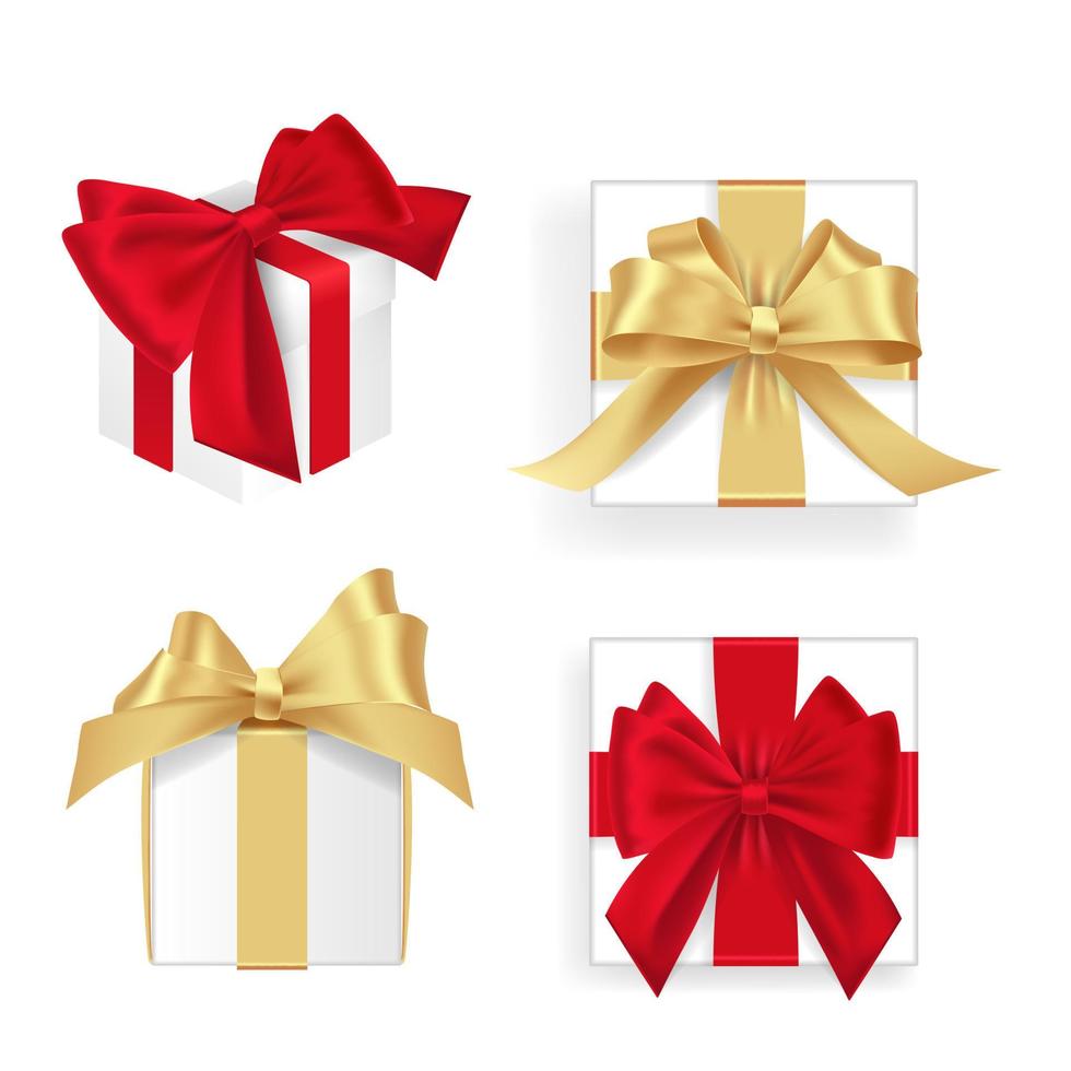 Set of white gift boxes red and golden ribbon. Lots of presents. Flat decoration collection. Realistic vector illustration set of gift box.