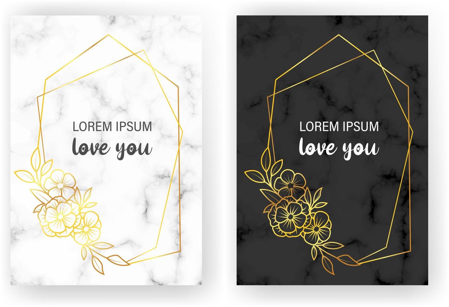 Elegant wedding invitations set with golden geometric frames and gray marble texture. Luxury invitation collection with save the date, rsvp, menu, table number and name card vector templates