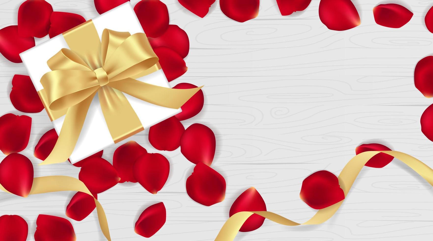 Beautiful red rose petals and golden ribbon gift on wooden texture. Happy Valentine's Day. Vector background.