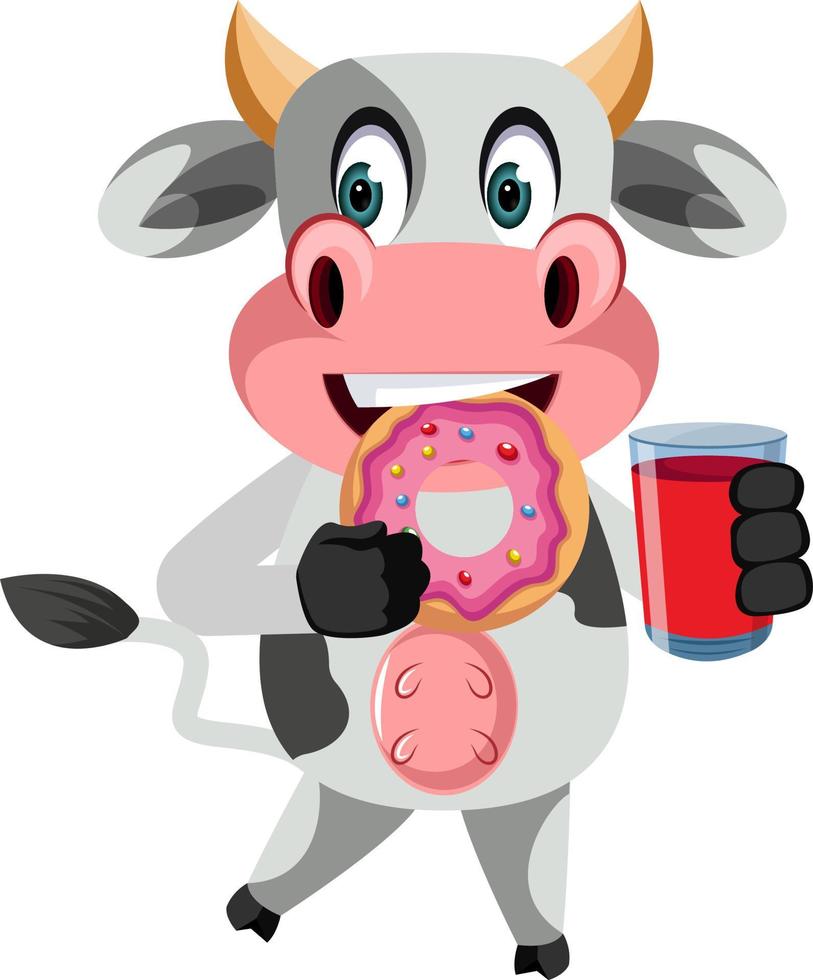 Cow with donut, illustration, vector on white background.