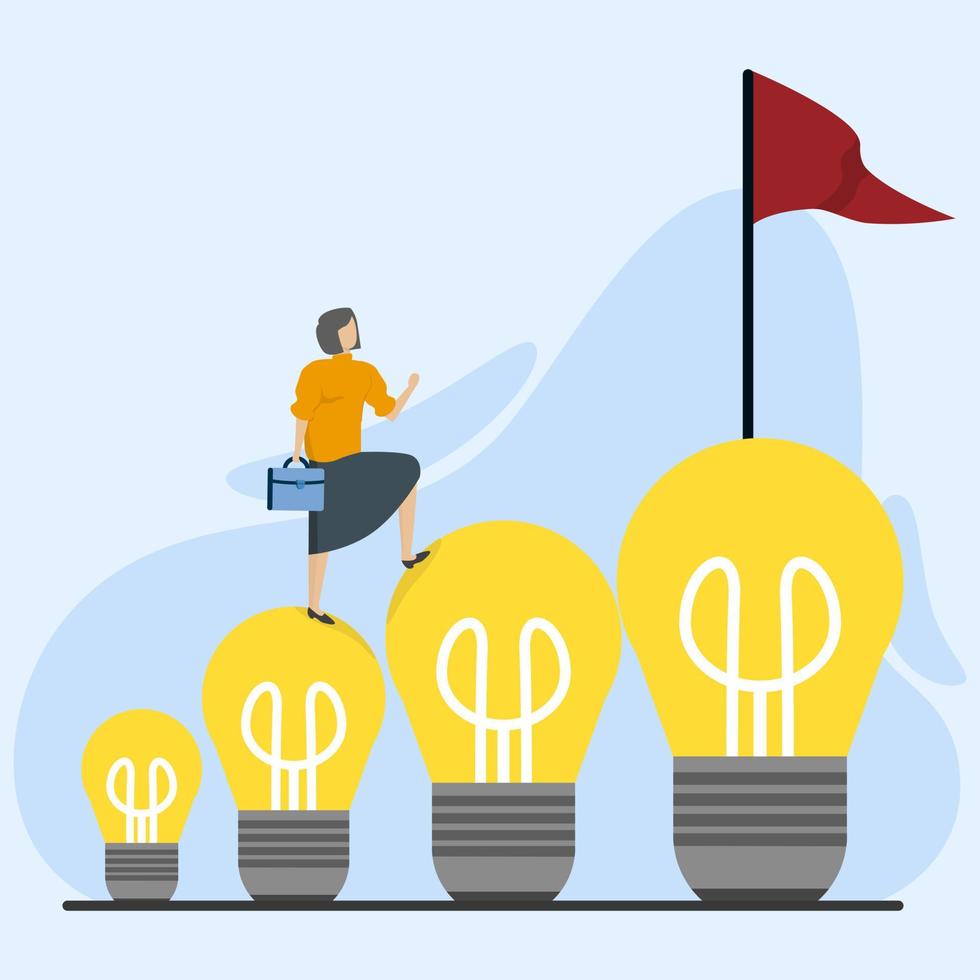 Successful businessman heads to the top of the lightbulb ladder to reach the victory flag. Fearless successful businesswoman, female leadership or challenge and achievement concept, vector