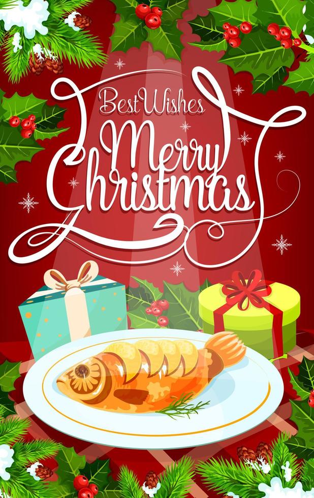 Christmas Eve dinner banner with gift and fish vector