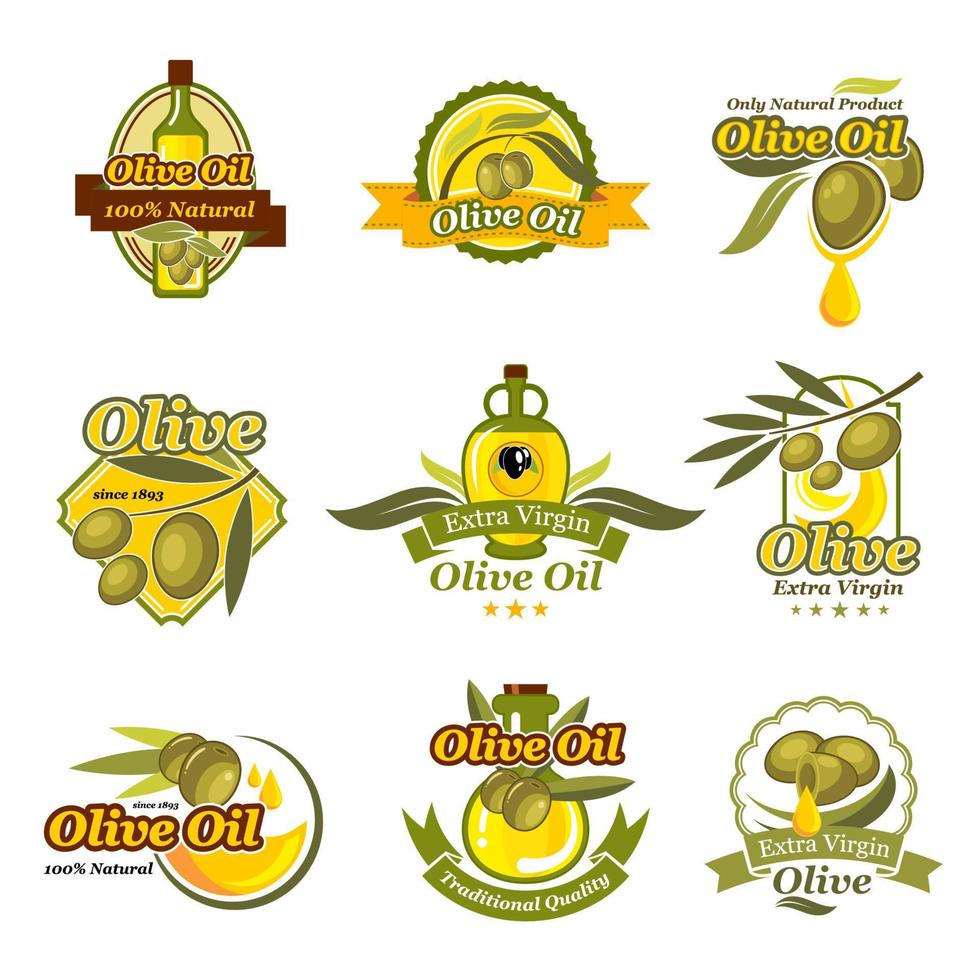 Olive oil product vector labels set of olives