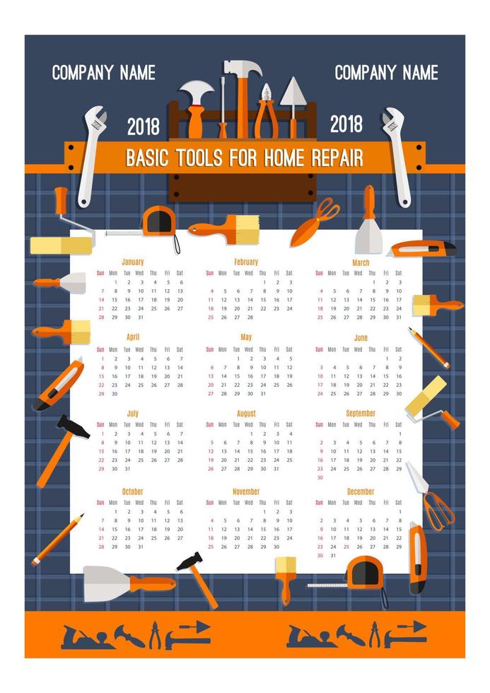 Vector 2018 calendar template of work tools