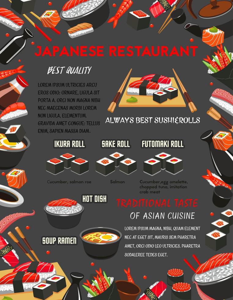 Japanese restaurant sushi and hot dishes menu vector