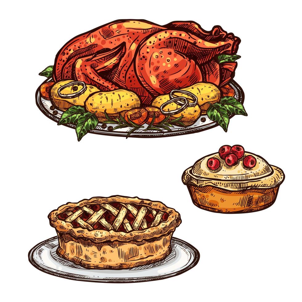 Thanksgiving day turkey, pie dinner sketch food vector